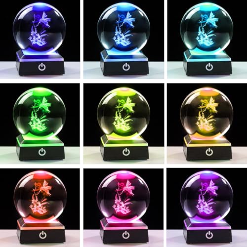Image of 3D Crystal Ball Hummingbird with Lily Flowers Gifts for Women Unique Snow Globe Decor for Adults Glass Humming Birds Figurines Xmas Ornament with LED Base Lamp Collectibles Sculpture