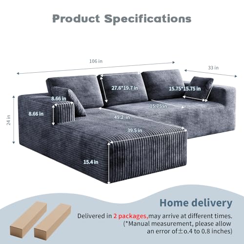 Image of 106 inch Corduroy Sectional Couch, Boneless L Shaped Couch with Deep Seat, Cloud Foam Sofa with Oversized Chaise, Sectional Sofa No Assembly Needed for Living Room