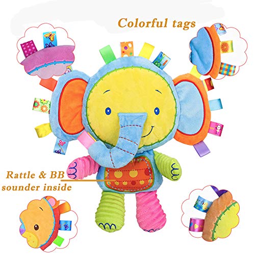 Image of Baby Tags Toy, Taggie Security Blanket Elephant Stuffed Toy, Baby Plush Sensory Tag with Ribbons & Rattle, Toddler, Newborns, Infant