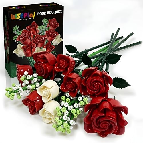 WISEPLAY Rose Bouquet Flower Building Set – 697 PCS for Women, DIY Red & White Rose Flower Building Blocks, Creative for Adults & Teens