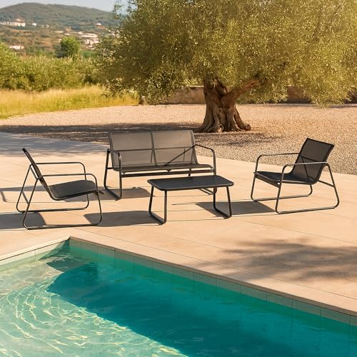 [en.casa] Gartenmöbelset Palencia Sitzgruppe Gartengarnitur Sitzbank für 2 Personen mit Couchtisch Gestell aus Stahl Hellgrau Schwarz – Ansicht 4