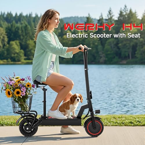 Image of Electric Scooter with Seat, 500W Motor, 20 MPH & 21 Miles Range, 10 Inch Solid Tires, Front Suspension, Foldable Commuter E-Scooter with LCD Display, Dual Braking and Basket