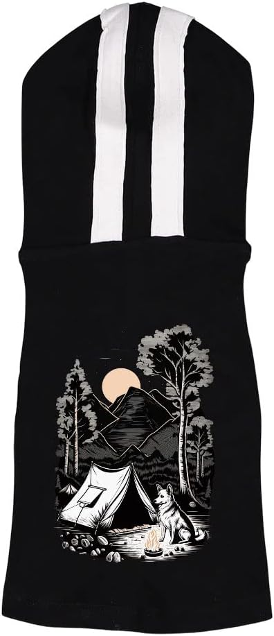 Camping Design Dog Shirt with Hoodie - Cool Dog Hoodie - Illustration Dog Clothing - Black White, M