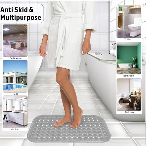 Image of Storite Rectangular Anti Skid Bath Mat with Foot Scrubber for Bath Room Shower Mat with Suction Cups & Drain Holes Silicone Floor Mat for Kids & Adults (70 X 35cm, Grey)