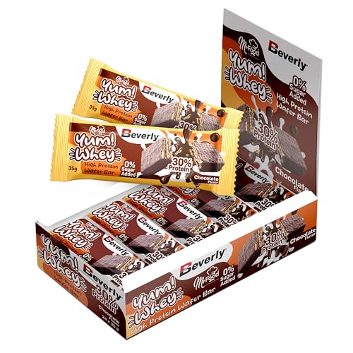 Beverly Yum Whey Bar - Deliciosa barrita protéica de barquillo de chocolate con un 30% de proteína - Estuche de 24 barritas de 35 gr - Sin azúcares añadidos y muy altas en proteína