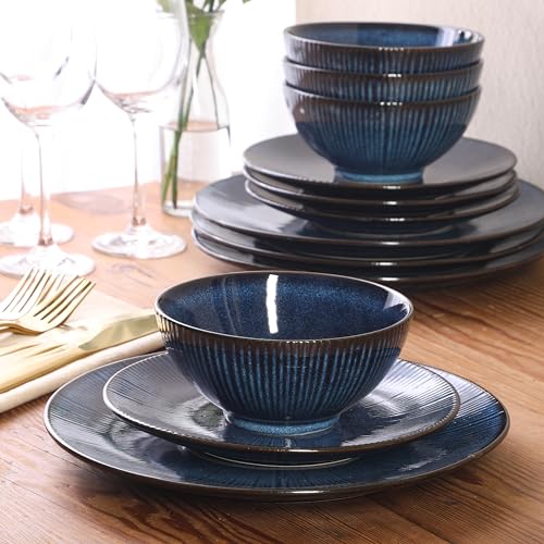 Image of Gibson Elite Midnight Lune Plates and Bowls Sets, 12-Piece Stoneware Dinnerware Sets, Reactive Glaze Dish Set - Blue
