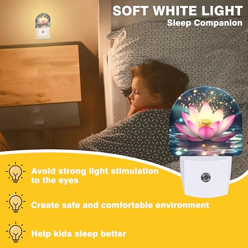 Image of Night Lights Plug into Wall Sparkle Pink Lotus Night Light Dusk to Dawn Smart Sensor Decorative Round Led Lamp for Bedroom Kitchen Hallway Nightlight for Women Men