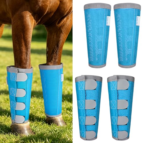 Image of Reflective Horse Fly Boots Set of 4, Loose Fitting Leggings for Horses, Equine Fly Leg Wraps Socks for 4 Legs, Breathable Adjustable and Universal Fit, Reliable Stay Put and on (Sky Blue)