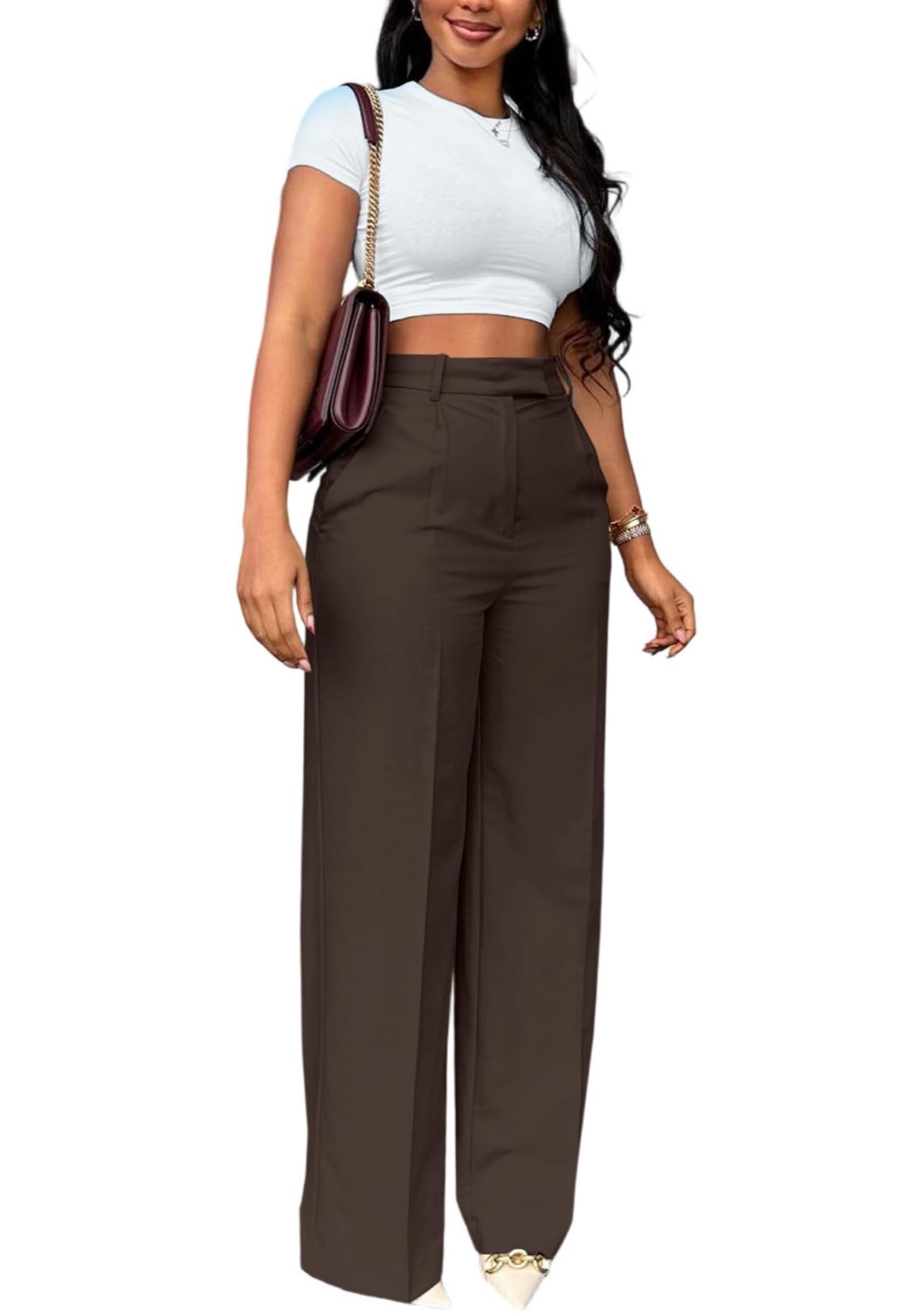Lucuna Pantalones de vestir de pierna ancha para mujer, cintura alta, pierna recta, pantalones de trabajo para negocios, oficina