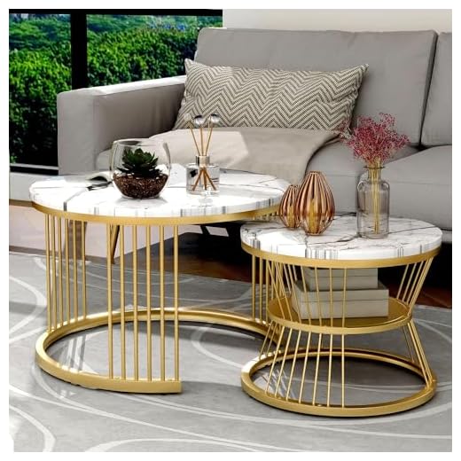 NEST NATURE HAVEN Round Coffee Table, Modern Nestings Table Set of 2, Sofa Side Table with Marble Veneer Top and Metal Frame, End Table for Living Room Bedroom Home or Office (Golden White)