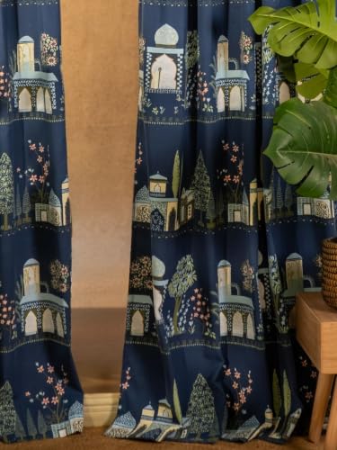 Image of Tranquebar Curtain Co. 152 cm (5 Feet), Blue Print, Set of 2, 100% Cotton Fabric,Eyelets, Agra- Window Curtains 5 Feet