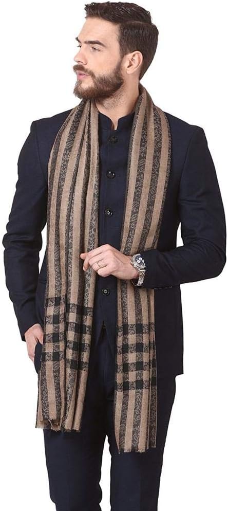 - Woven Mens Wool Stole, Check-Stipe Design, Mens Muffler, Warm Cashmere Feel