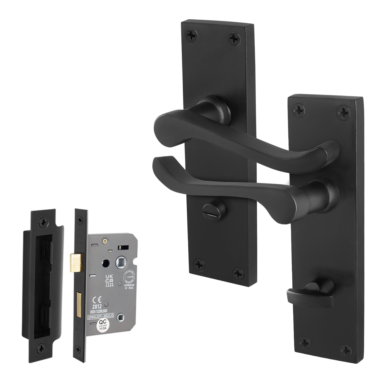 EAI Matt Black Door Handles with Bathroom Lock 64mm - Victorian Scroll