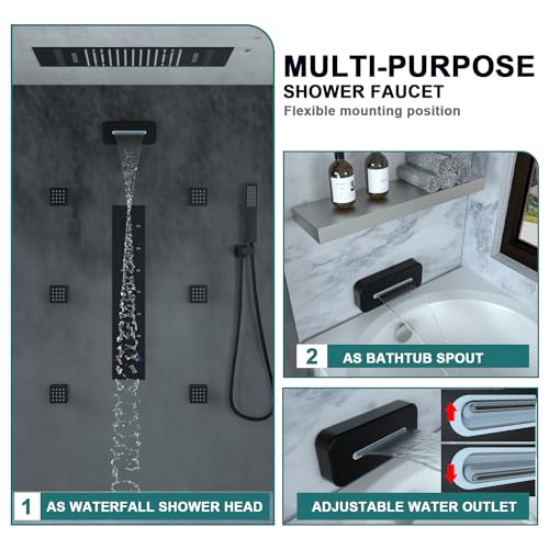 HOMEDEC LED Multi Functions Full Body Shower System with 6pcs Body Jets Spray with（Up/Down ）Shower Spout, Large 3 In 1 Functions 14x20inch Showerhead, Rainfall Mist Shower Faucet Set Complete, Black