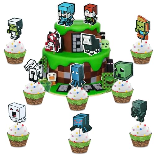 12 pcs Pixel Style Cake Toppers for Miner Party Cake Decorations, Double Sided Printing, MC Game Lovers