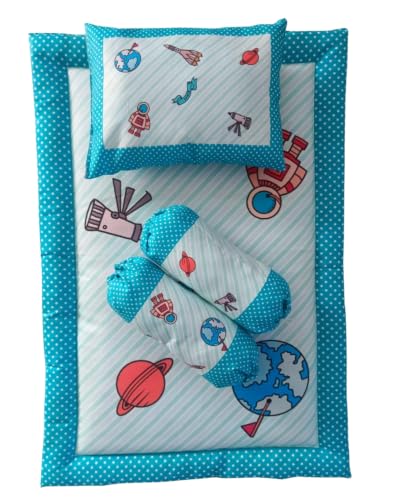 Image of Kids Gadda Set 4 Piece | Soft Baby Bedding Set with Mattress, Pillow & Blanket | Fancy Kids Sleeping Mat Set | Comfortable Bedding Set for Boys & Girls (Blue)