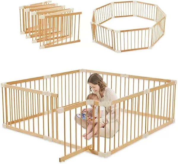 Baby Playpen Door Wooden Fence Large with Door Gate,Wooden Playpen for Babies and Toddlers,Wooden Baby playpen with Door, Changeable & Expandable