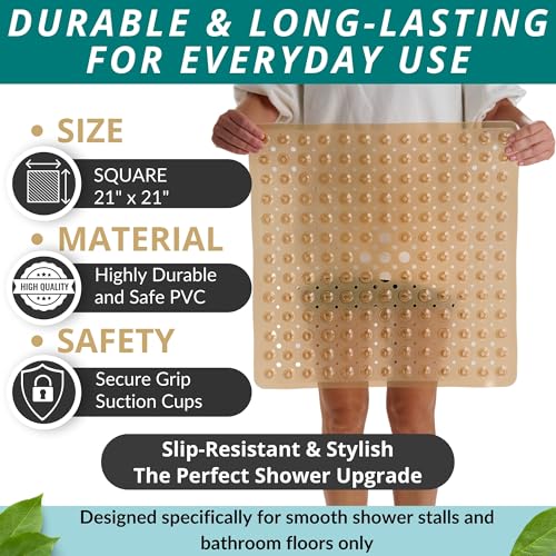 Image of ENKOSI Square Shower Mat - 21 x 21 Inch Non-Slip Bathroom Shower Stall Mat with Suction Cups and Drain Holes - Anti-Slip Bathtub Shower Mats for Inside Shower (21x21 Clear Brown)