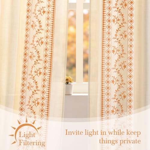 Image of Yinhua Boho Curtains for Living Room 84 Inch Long Orange Embroidered Floral Bedroom Curtains, Light Filtering Farmhouse Window Curtain Rod Pocket & Back Tab Drapes, 52 inch W x 84 inch L, 2 Panels