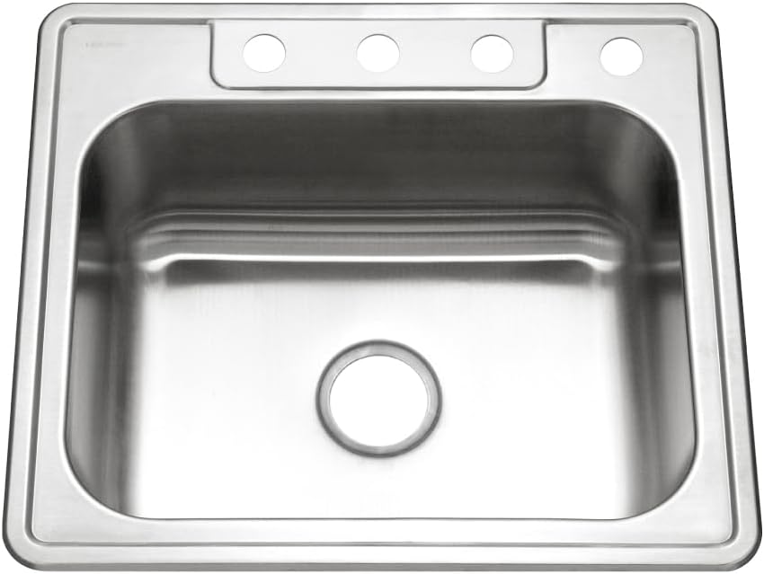 Glowtone 25 Inch Stainless Steel Topmount 4-Hole Single Bowl 8 Inch Deep Kitchen Sink - 2522-8BS4-1