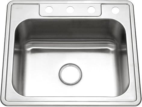 Houzer Glowtone 25 Inch Stainless Steel Topmount 4-Hole Single Bowl 8 Inch Deep Kitchen Sink - 2522-8BS4-1