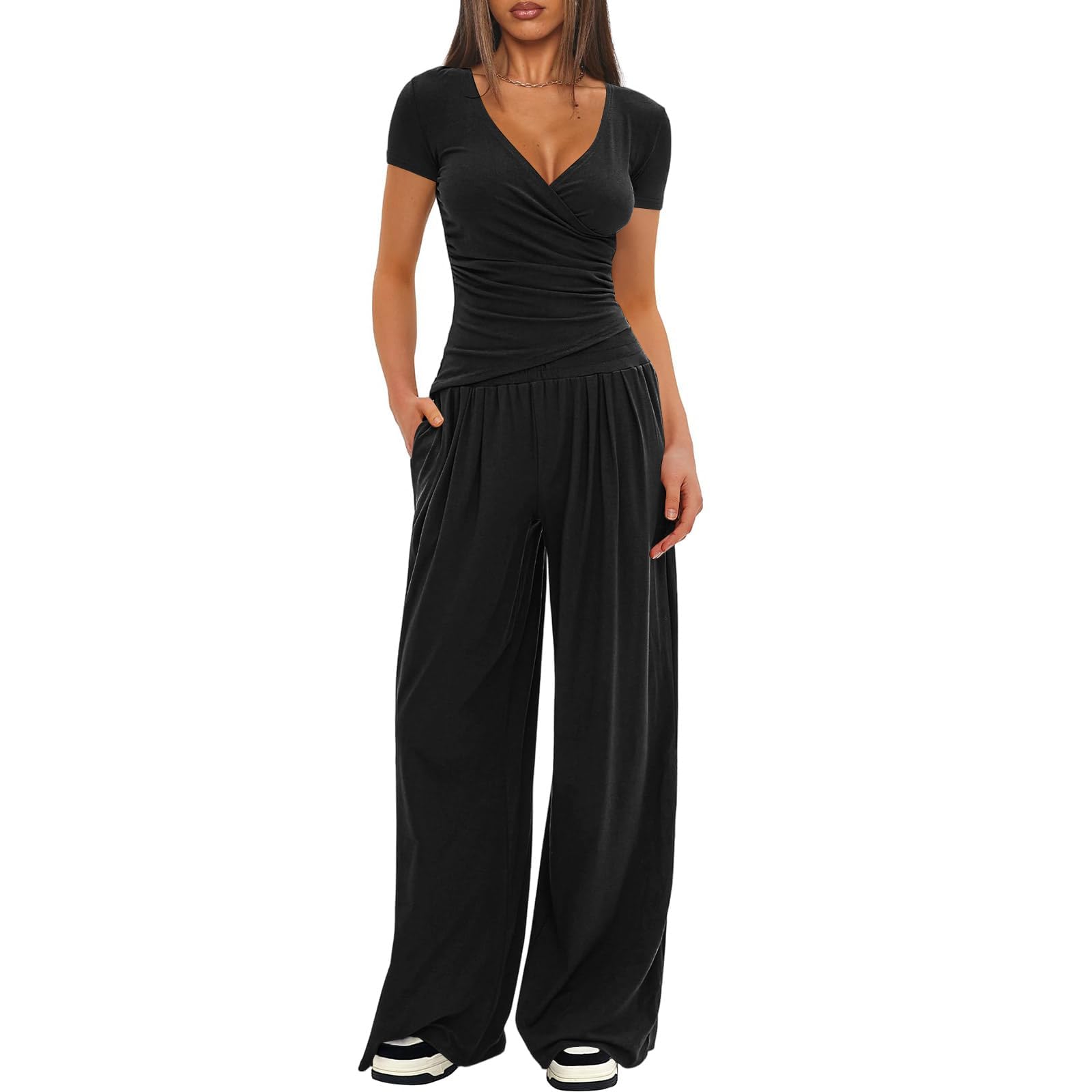 LIAMERHE Femme Ensemble 2 Pièces Été Chic Manches Courtes Col en V Cache-Cœur et Pantalon Large Fluide avec Poches Tenue de Détente Élégante Loungewear Streetwear Casual et Yoga