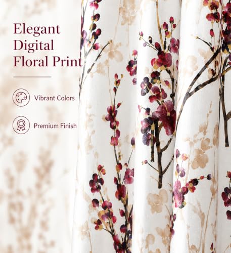 Image of 9 Feet Polyester Floral Light Filtering Long Door Curtains for Bedroom, Living Room & Hall, Eyelet Top, Wine Print Curtain Set of 4