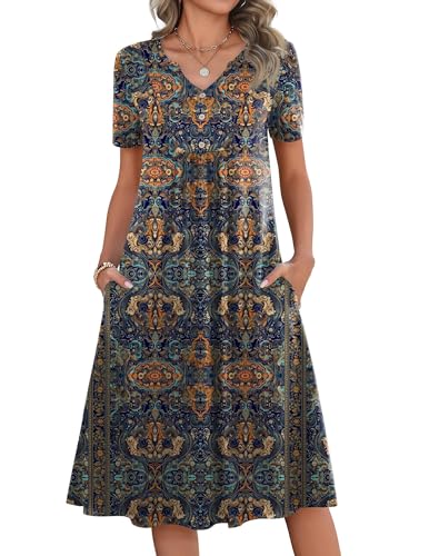Zeagoo Empire Waist Dress for Women with Pockets Short Sleeve V Neck Midi Sundress Hawaiian Boho Casual Summer Dresses 2026