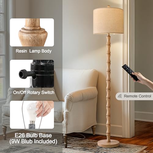 Image of BOBOMOMO 62 inch Rustic Farmhouse Floor Lamp with Remote & Dimmable 9W Bulb, 3 Color Temperatures Resin Standing Lamp, Retro Corner Tall Lamp for Living Room, Bedroom, Nursery, Office, Reading Nock