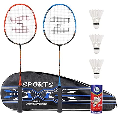 Fostoy Badminton Rackets Set, 2 Pack Badminton Rackets with 3 Shuttlecocks & Carrying Bag & 2 Overgrip, Lightweight Carbon Fiber Badminton Racquet for Indoor Outdoor Sports Game,Blue and Red Cover