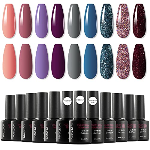 Gel Nail Polish Set 12PCS, MAYJAM 8ML Purple Blue Red Glitter Gel Polish with Base Coat Glossy and Matt Top Coat, Nail Art Starter Kit Beauty Gifts Set for Women Girls