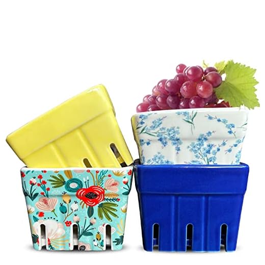 LEAZUL Ceramic Berry Basket Set of 4, Colander, Farmhouse Square Bowl. Rustic Kitchen Decor Fruit Bowls, Fruit Baskets,Blue Yellow and Floral Flowers Pattern Stoneware Harvest Bowls Kitchen Bowl