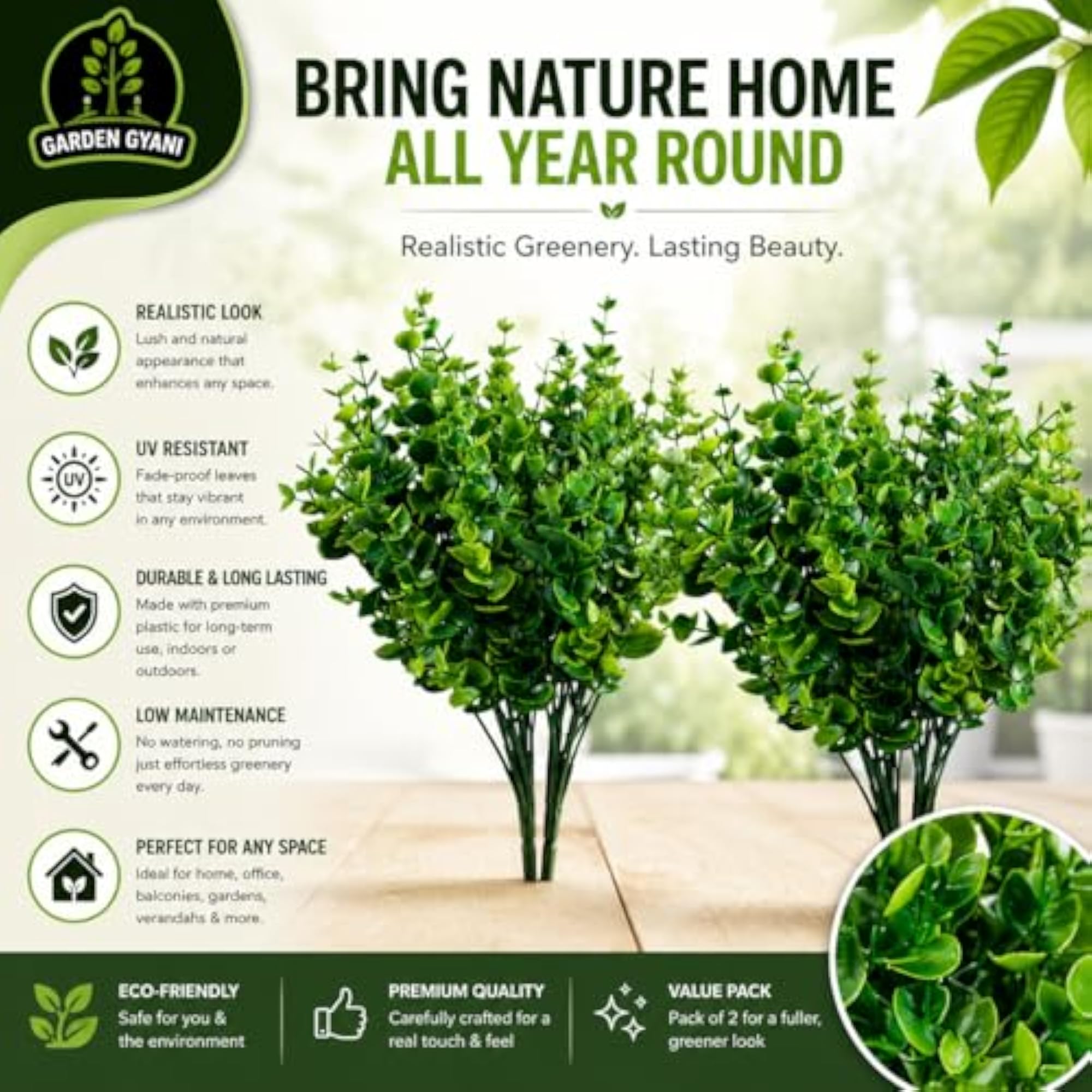 Pack of 2 Faux Plastic Shrubs, Greenery Decor