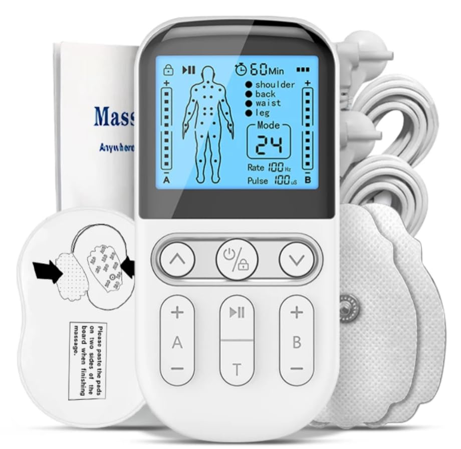 EVOLUXCARE Electroestimulador TENS de 2 salidas, TENS EMS para terapia de alivio del dolor con masajeador de pulso eléctrico de 24 modos y 20 niveles.