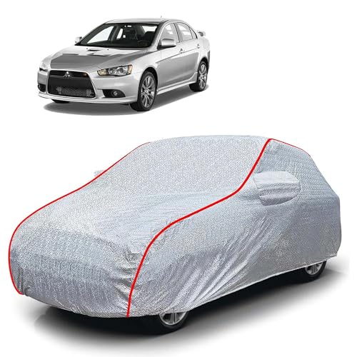Image of Sulfar 100% Waterproof Car Body Cover Compatible with Mirror for Mitsubishi Lancer (Triple Stitched, Full Bottom Elastic, Magic Silver with Red Piping)