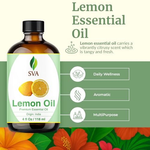Image of SVA Lemon Essential Oil - 4 Fl Oz - for Diffuser, Skin & Hair Care - Ideal for Massage & DIY Blends - with Dropper