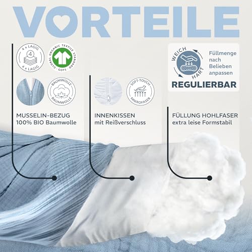 sei Design Cojín de lactancia XXL de 190 x 30 cm, con funda de muselina, ergonómico, para embarazadas, para dormir de lado, para adultos, funda de lactancia de 1100% algodón [algodón orgánico] - imagen 4