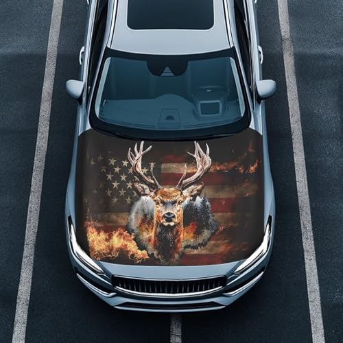 Image of Fire Elk American Flag Car Hood Cover Slip-On Washable Elastic Weatherproof Fabric Elastic Band Fixation Fits Most Cars