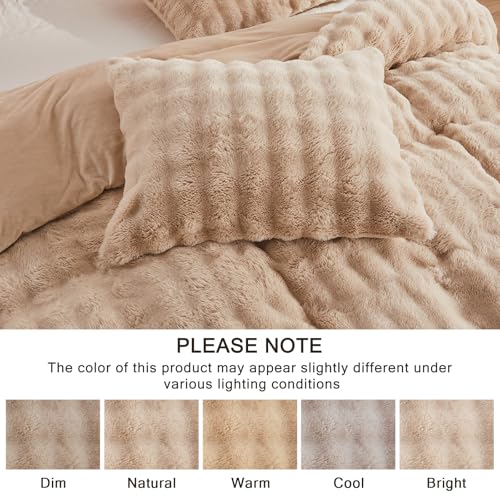 Image of EMME Faux Fur Duvet Cover Queen Size, 3 Pieces Ultra Soft Fluffy Comforter Cover, Cozy Warm for Winter, Luxury Elegant Shaggy Bubble Design Bedding, 1 Duvet Cover & 2 Pillow Shams (Queen, Beige)