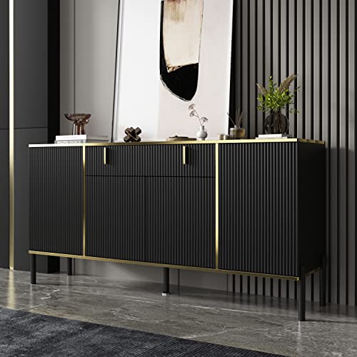 Caldion Sideboard Vintage Wohnzimmer mit 4 Türen und 1 Schublade,Komodenschrank mit Verstellbare Einlegboden, Küchenschrank mit Metallbeine für Eingang Küche, Esszimmer, Schwarz, MDF, 160 * 40 * 80cm