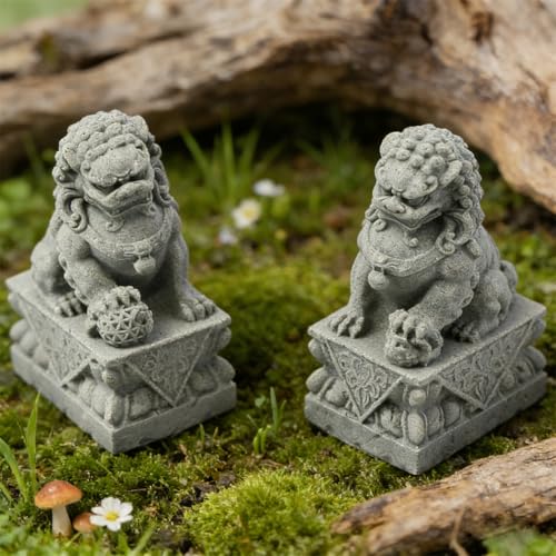 Image of livelyfish Asian Fu Foo Dogs Statues Mini Pair of Two Guardian Lion Sandstone Figurine Pets Fish Tank Aquarium Landscape Ornaments Accessories Feng Shui Decorations (M2)
