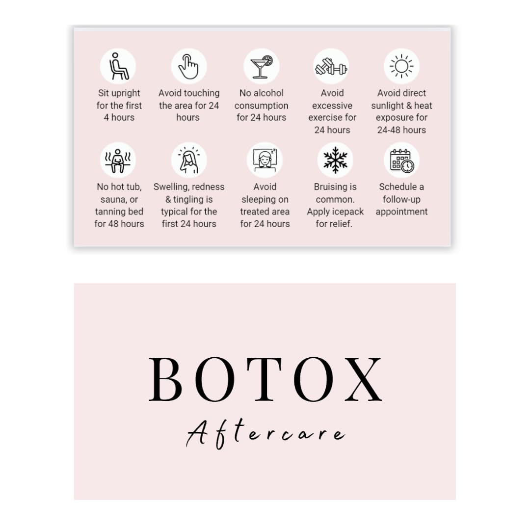 Aftercare for Botox Card | 50 Pack | 2x3.5 Inch Business Card Size | Aftercare Kit | Pink & White Simple Design with Illustration & Instruction