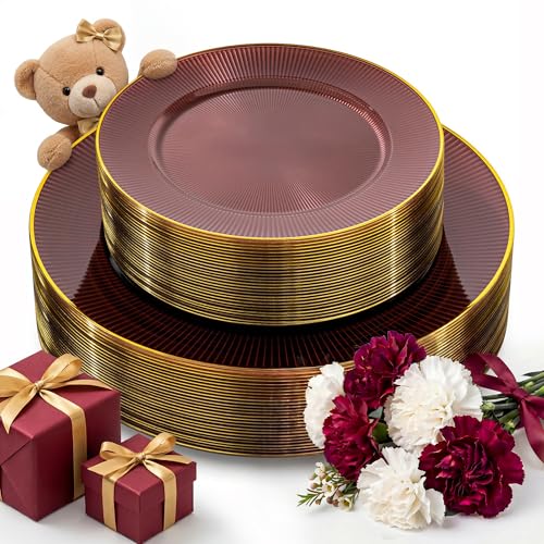 Hioasis 60pcs Burgundy and Gold Plastic Plates - Burgundy Disposable Dinnerware Set, 30pcs Dinner 10.25in & 30pcs Dessert 7.5in Plates with Striped Designs for Party & Wedding