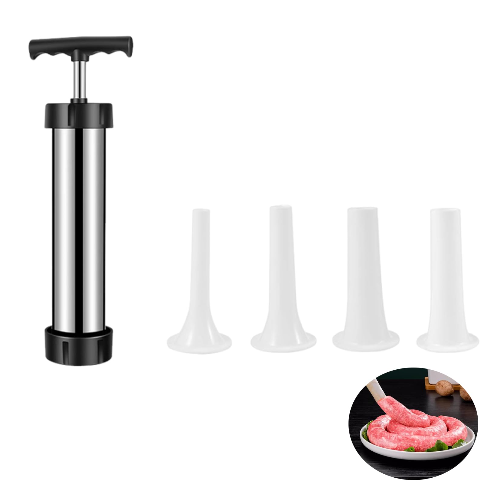 Xinlie Embutidos Manual de Acero Inoxidable Herramienta para Rellenar Salchichas Herramienta de Llenado de Salchichas con 4 Boquillas Domésticas,Adecuado para Cocinas Domésticas,Cocinas de Bricolaje