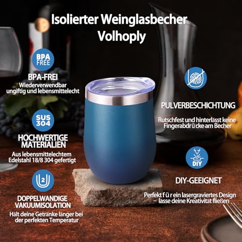 Volhoply 12oz Edelstahl Weinbecher mit Deckel Bulk 4 Pack,350ml Doppelwandige Vakuum Stemless Weingläser… – Ansicht 3