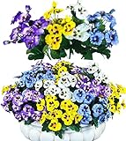 QIANYUN 8 Bundles Artificial Flowers Outdoor UV Resistant Artificial Pansies Faux Plastic Flower in Bulk Fake Outdoor Plants (12, White/Purple/Blue/Yellow)