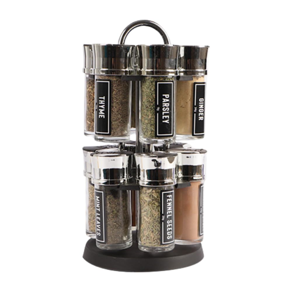 FabFinds Rotating Spice Rack Organiser with 12 Pre-Filled Glass Spice Jars Free Standing Carousel Spice Holder 360° Revolving Herbs & Spices Stand with Carry Handle