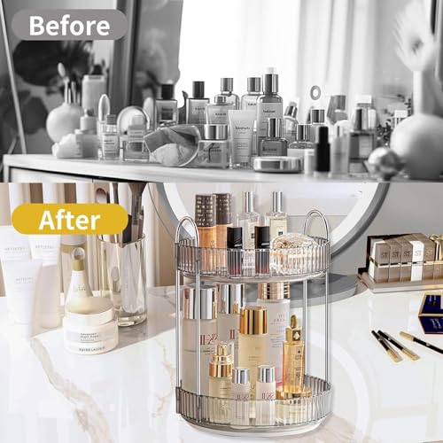 Image of Lazer 360 Rotating Makeup Organizer - 2 Tier Grey Vanity Storage for Dressing Table, Lipsticks, Nail Polishes, Skincare, Perfume & Cosmetics (High Capacity Clear Display)