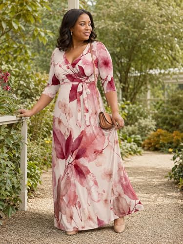 Image of SUZONANA Plus Size Dresses for Women Floral Print Maxi Dress Flowy 3 /4 Sleeve with Belt