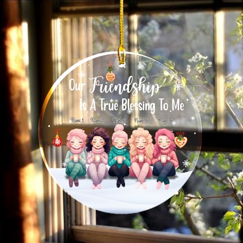 Friendship True Blessing Clear Plastic Ornaments, Christmas Decorations Personalized Name Five Girls Wear Sweater Hat with Chocolate Cup Acrylic Ornaments, Gifts for Sister Friends Bestie Siblings4